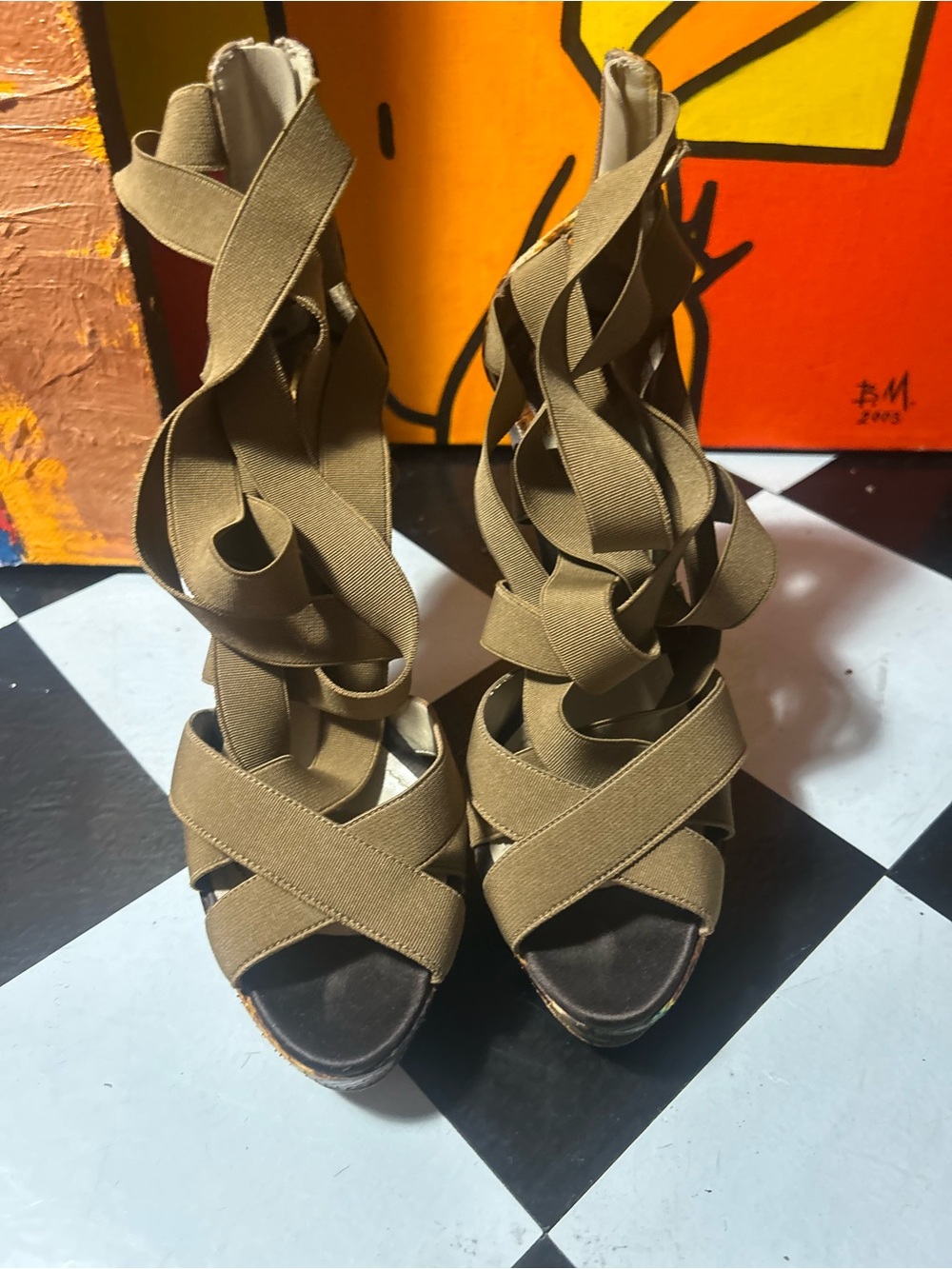 Olive Strappy High Heel Sandals with Crisscross Wrap
